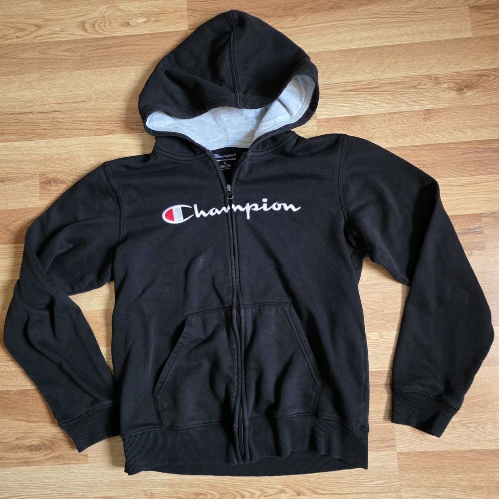 Champion Hoodie Boys Youth XL Black Sweatshirt Full Zip Spell Out Logo